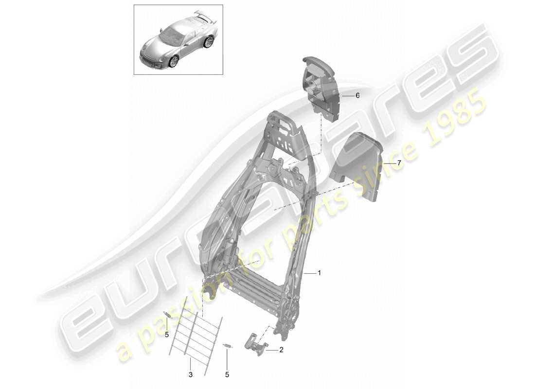 porsche 2021 (991-2 r/gt3/rs) backrest frame sports seat plus accessories part diagram