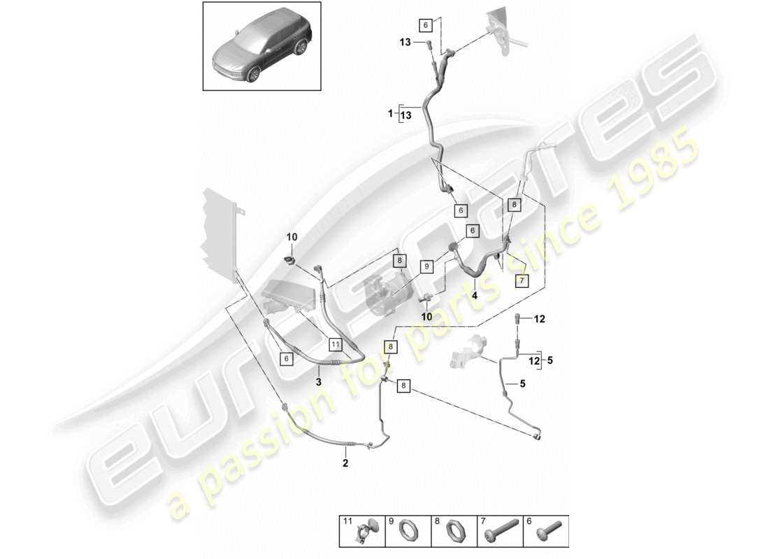 porsche 2021 (cayenne e3 9ya/9yb) refrigerant circuit v6 r134a for vehicles with hybrid drive part diagram