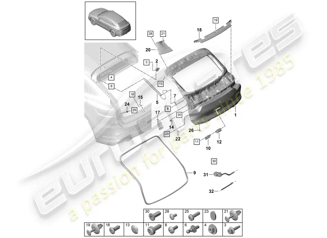 porsche 2019 (cayenne e3 9ya/9yb) rear trunk lid parts diagram