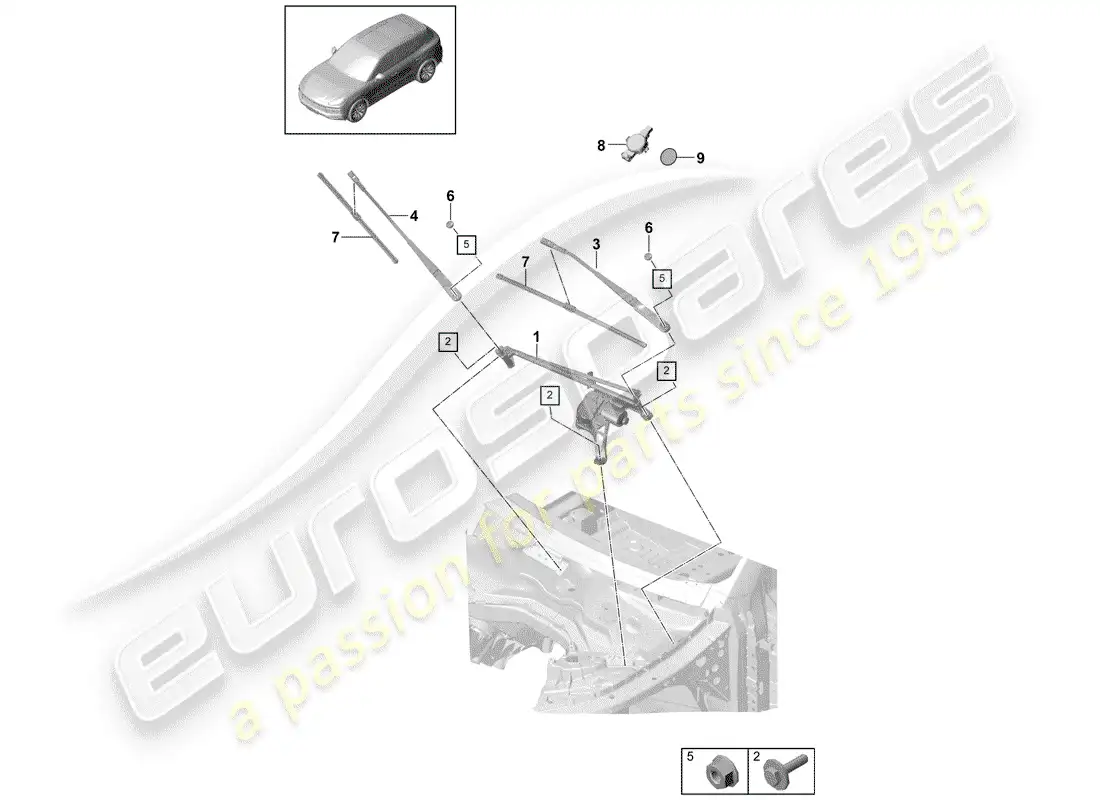 porsche 2018 (cayenne e3 9ya/9yb) windshield wiper system compl. parts diagram
