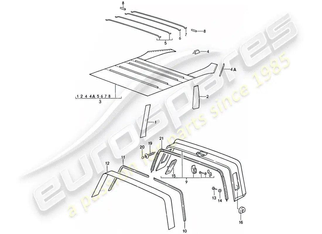 porsche 1987 (911) interior equipment - roof - roll bar parts diagram