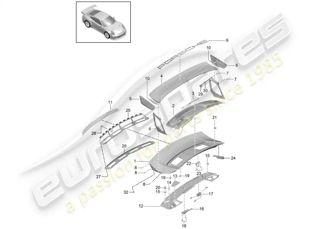 porsche 2017 (991-2 turbo) rear trunk lid parts diagram