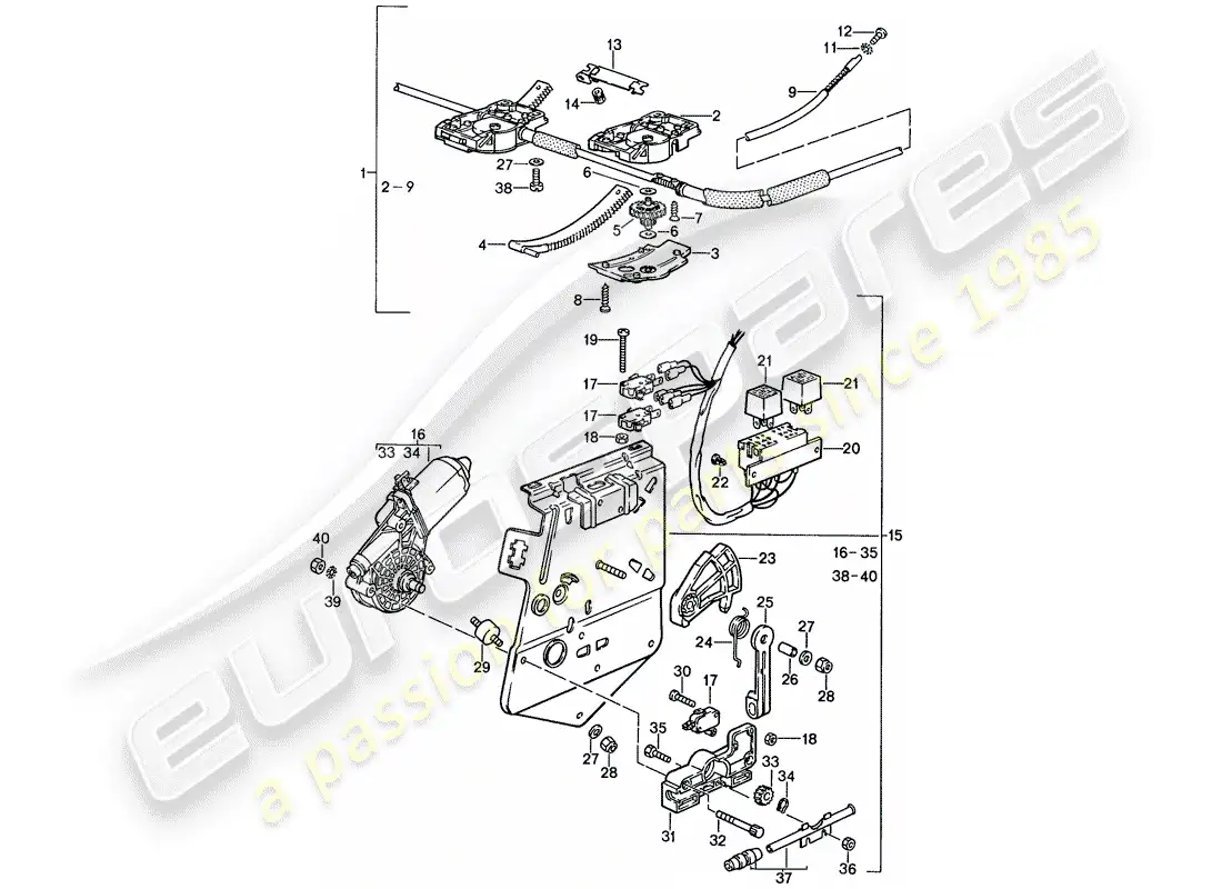 porsche 1991 (944) lifting roof - driving mechanism parts diagram