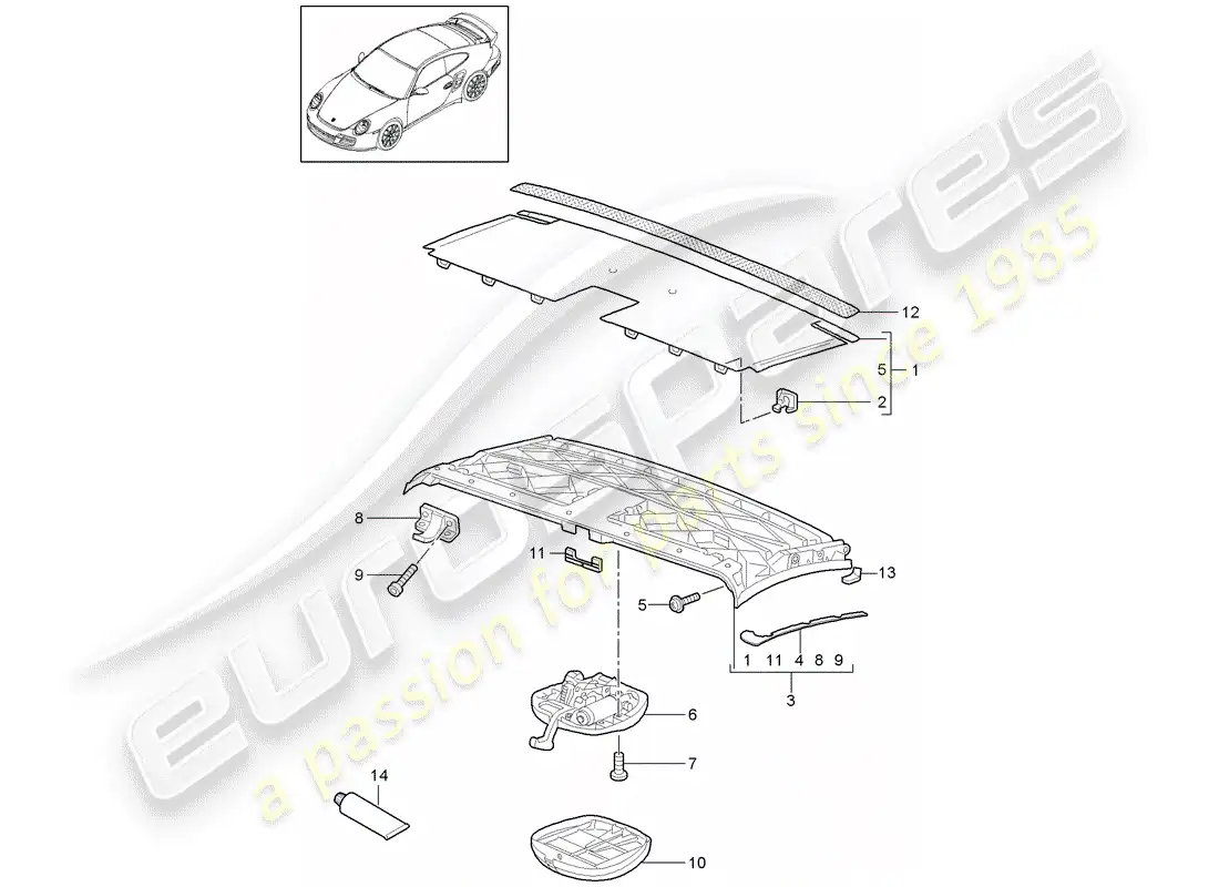 porsche 2007 (997-1 turbo / gt2) top frame parts diagram