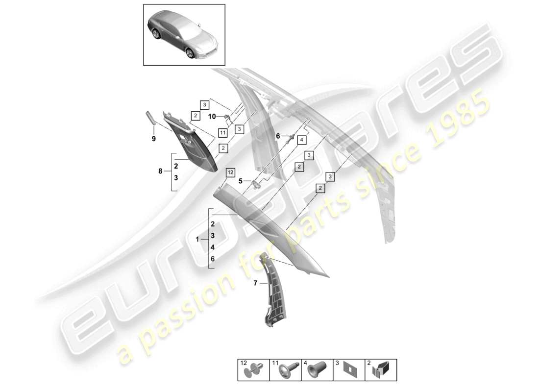 porsche 2021 (panamera 971-1) trim upper a-pillar b-pillar part diagram