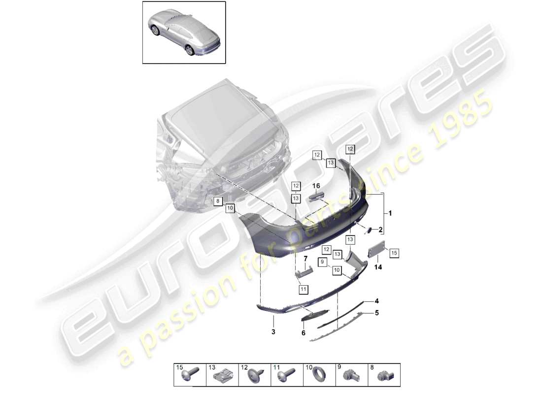 porsche 2021 (panamera 971-1) bumper rear sport design package parts diagram
