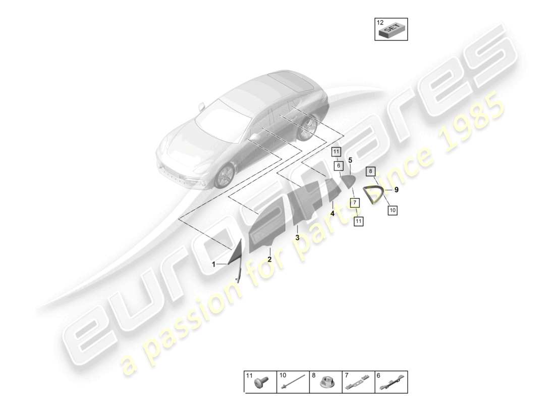 porsche 2021 (panamera 971-1) door and side window part diagram