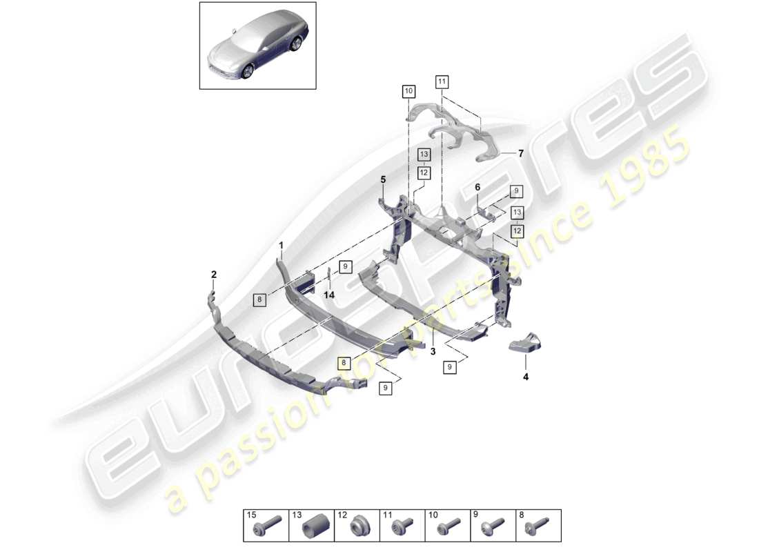 porsche 2021 (panamera 971-1) bumper carrier front and mounting bracket part diagram