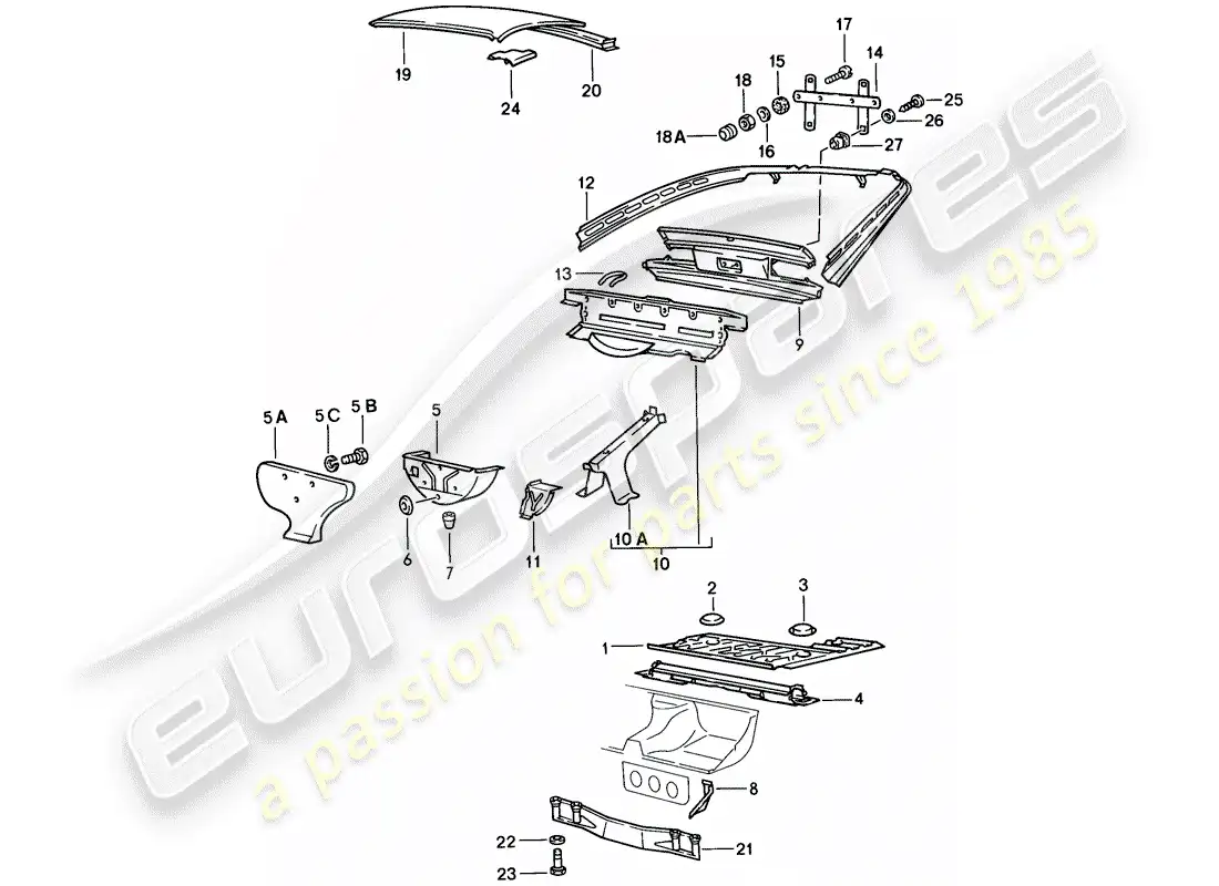 porsche 1979 (924) transmission carrier - luggage compartment floor - roof parts diagram