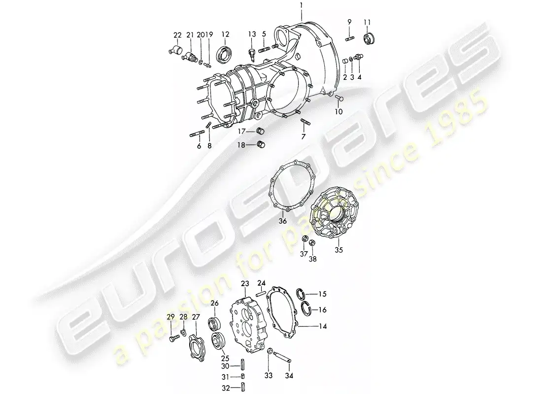 porsche 1969 (911/912) replacement transmission - transmission case - chilled casting parts diagram