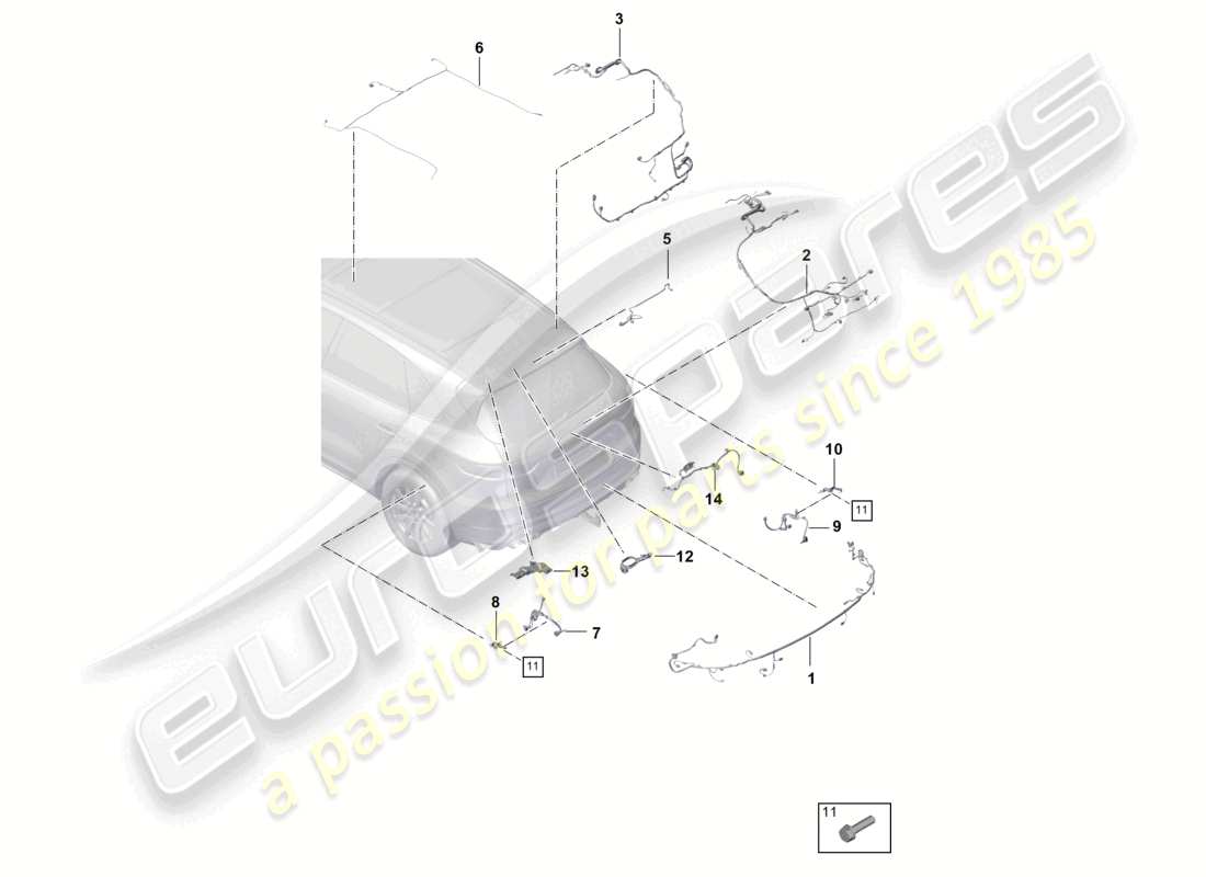 porsche 2021 (cayenne e3 9ya/9yb) wiring looms bumper part diagram