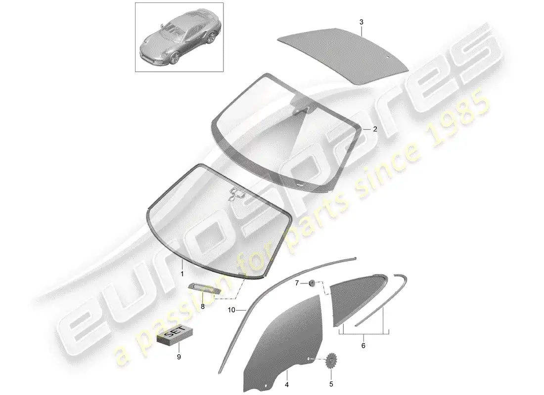 porsche 2017 (991-2 turbo) windshield glass parts diagram