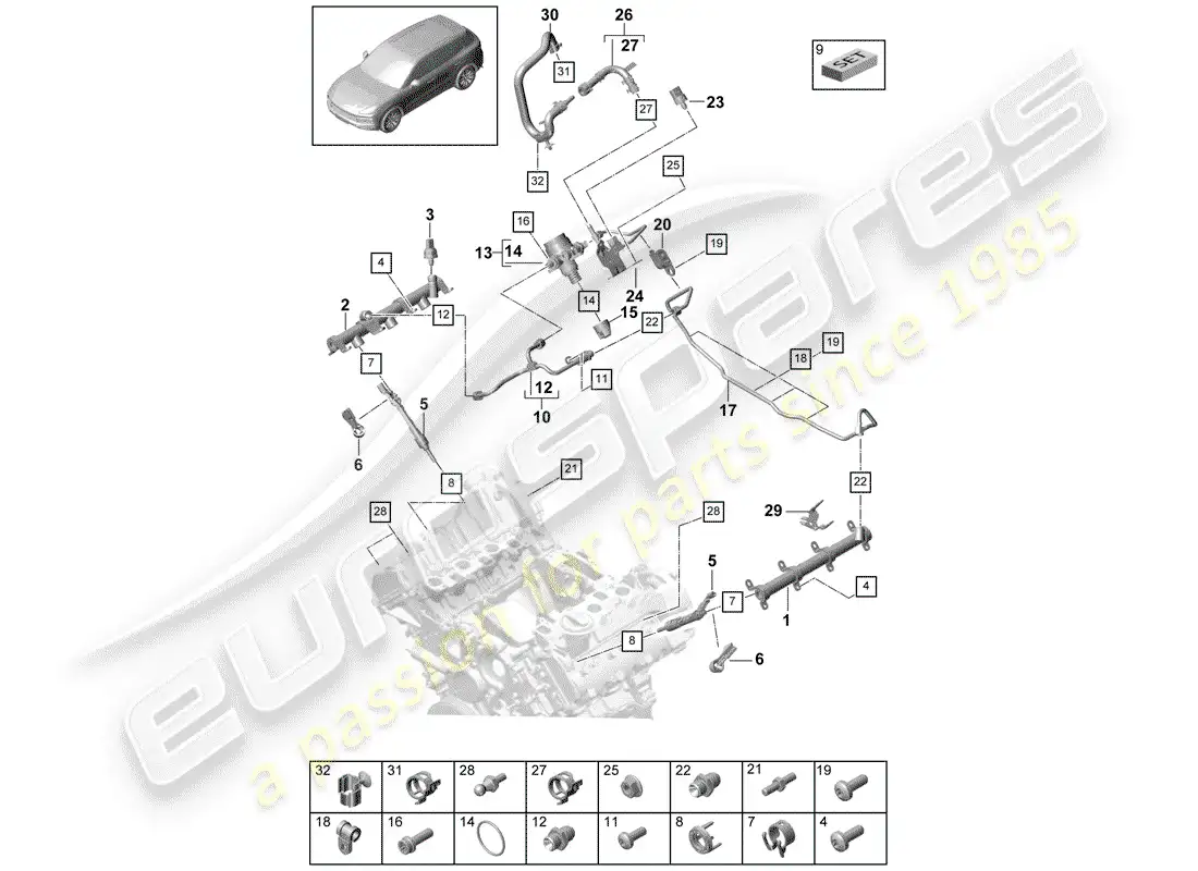 porsche 2020 (cayenne e3 9ya/9yb) fuel collection pipe parts diagram