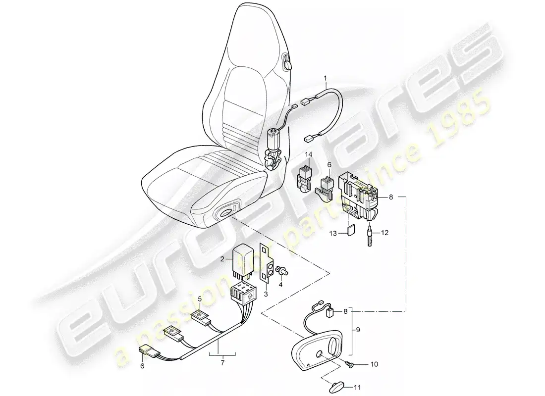 porsche 2001 (996 turbo / gt2) wiring harnesses - switch - standard seat - sports seat parts diagram