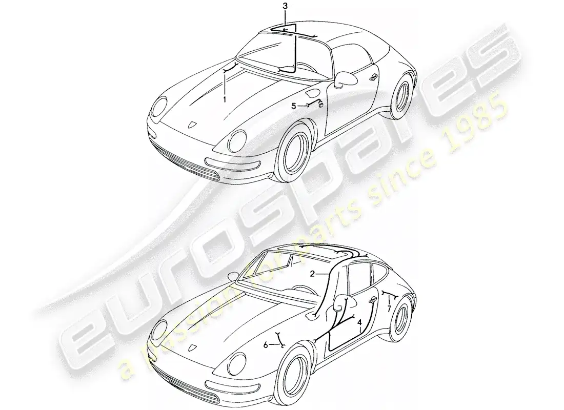 porsche 1997 (993) wiring harnesses - luggage compartment lamp - sunroof - convertible top control - driver's door - passenger's door - turn signal repeater - anti-locking brake syst. -abs- parts diagram
