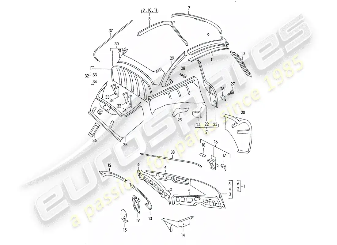 porsche 1958 (356/356a) body shell - interior panelling parts diagram