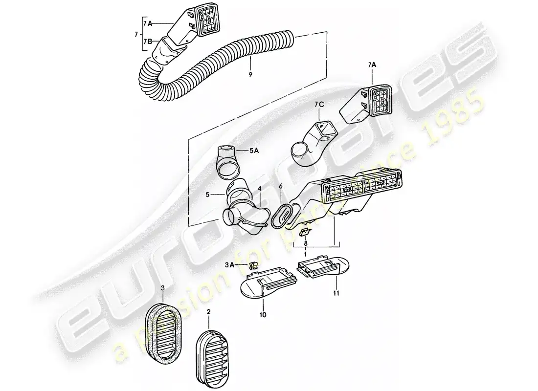 porsche 1977 (924) air vent - trim - air hose parts diagram
