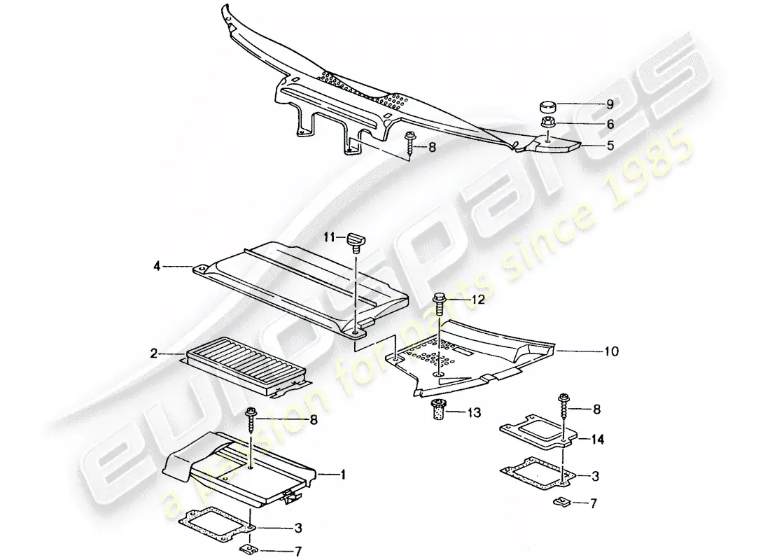 porsche 2005 (996 gt3) dust and pollen filter element - covers - cowl parts diagram