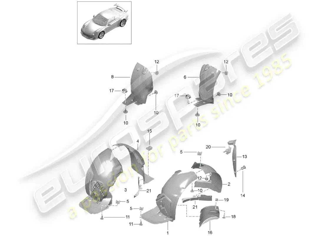 porsche 2015 (991-1 r/gt3/rs) wheelhouse protector parts diagram