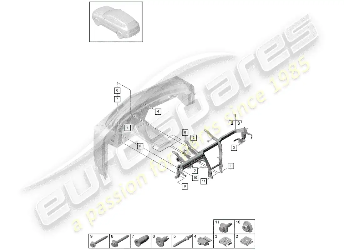 porsche 2019 (cayenne e3 9ya/9yb) retaining frame parts diagram