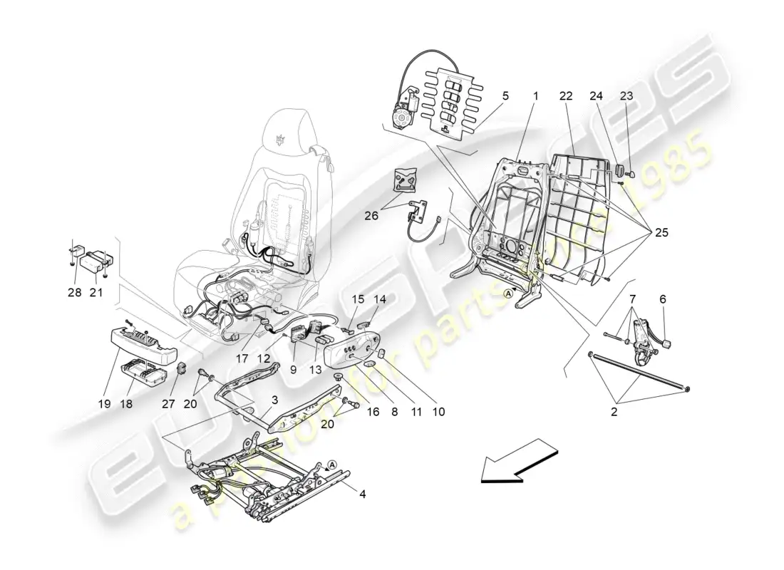 maserati granturismo (2012) front seats: mechanics and electronics parts diagram