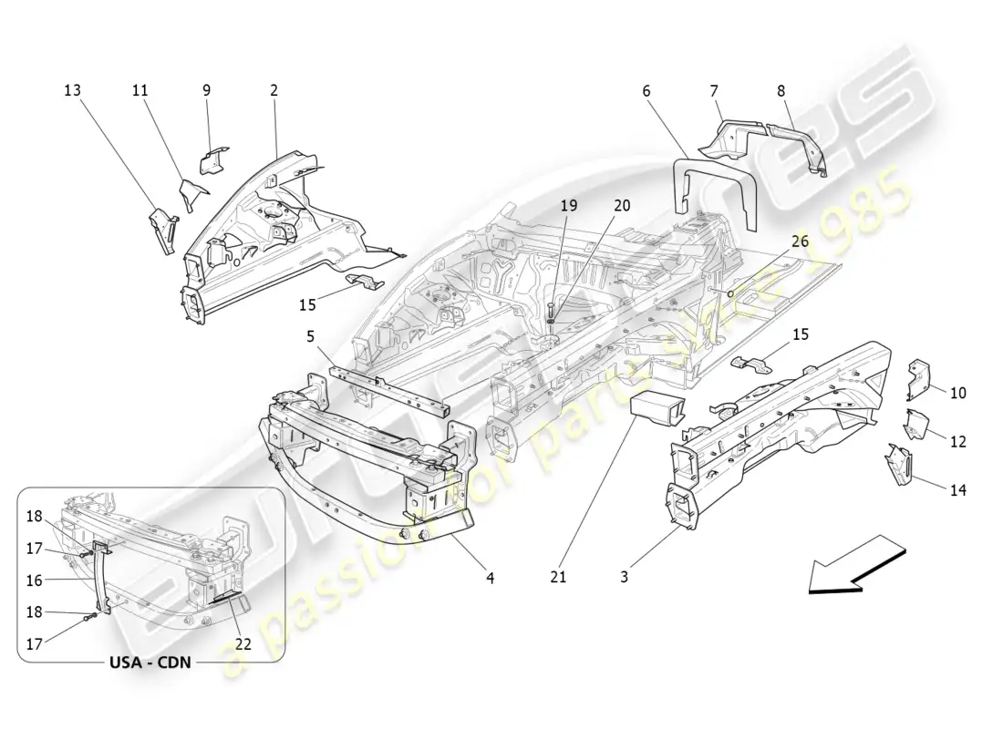 maserati granturismo (2012) front structural frames and sheet panels parts diagram