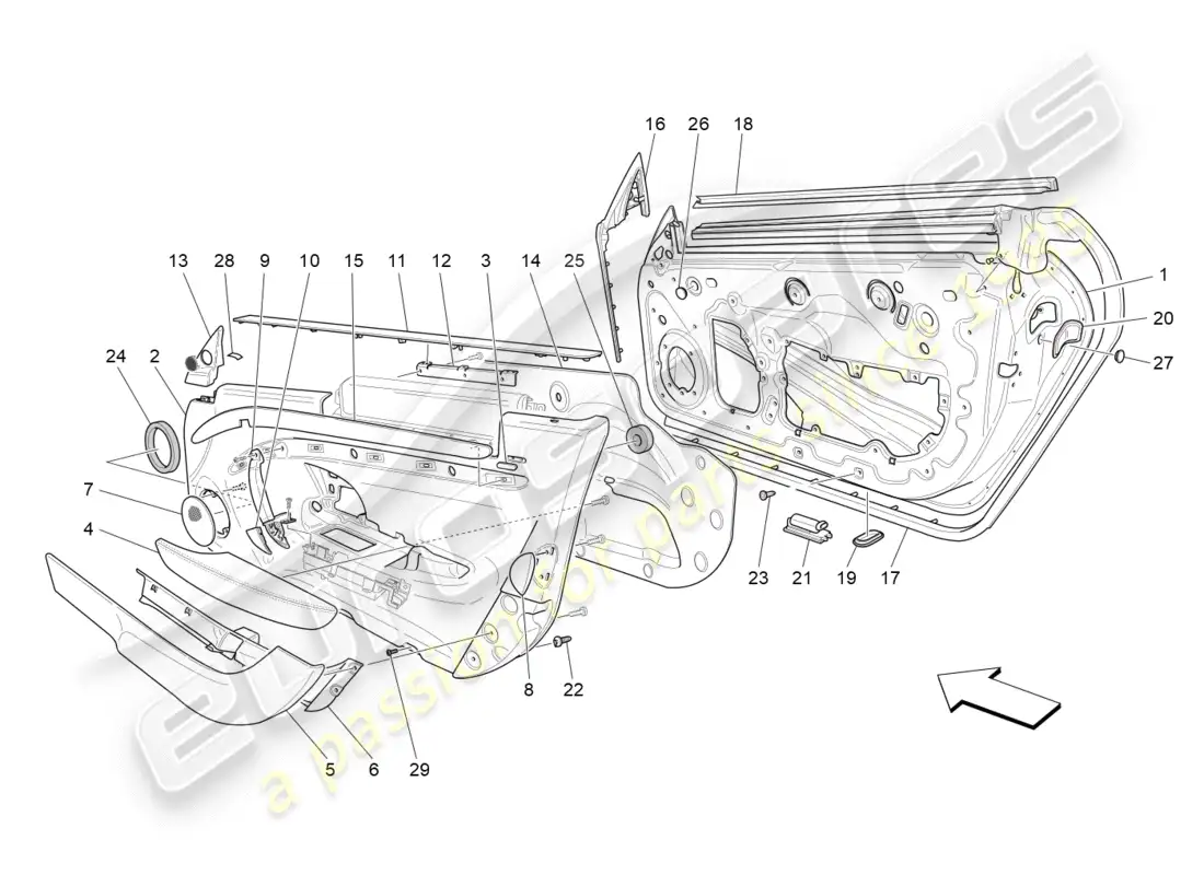 maserati granturismo (2012) front doors: trim panels parts diagram