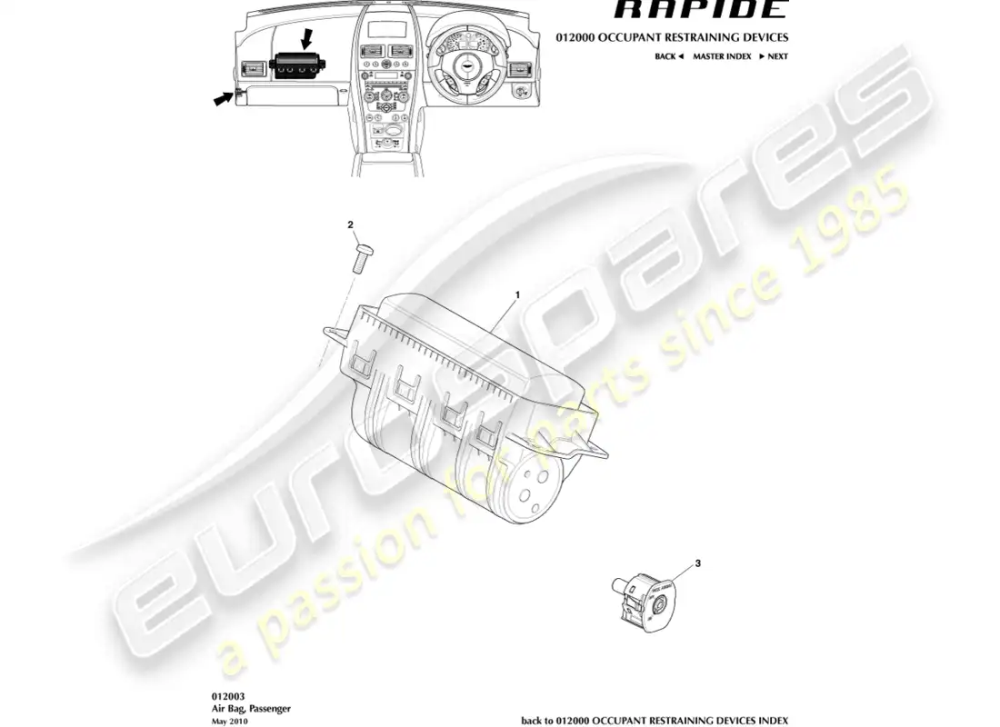aston martin rapide (2011) airbag, passenger parts diagram