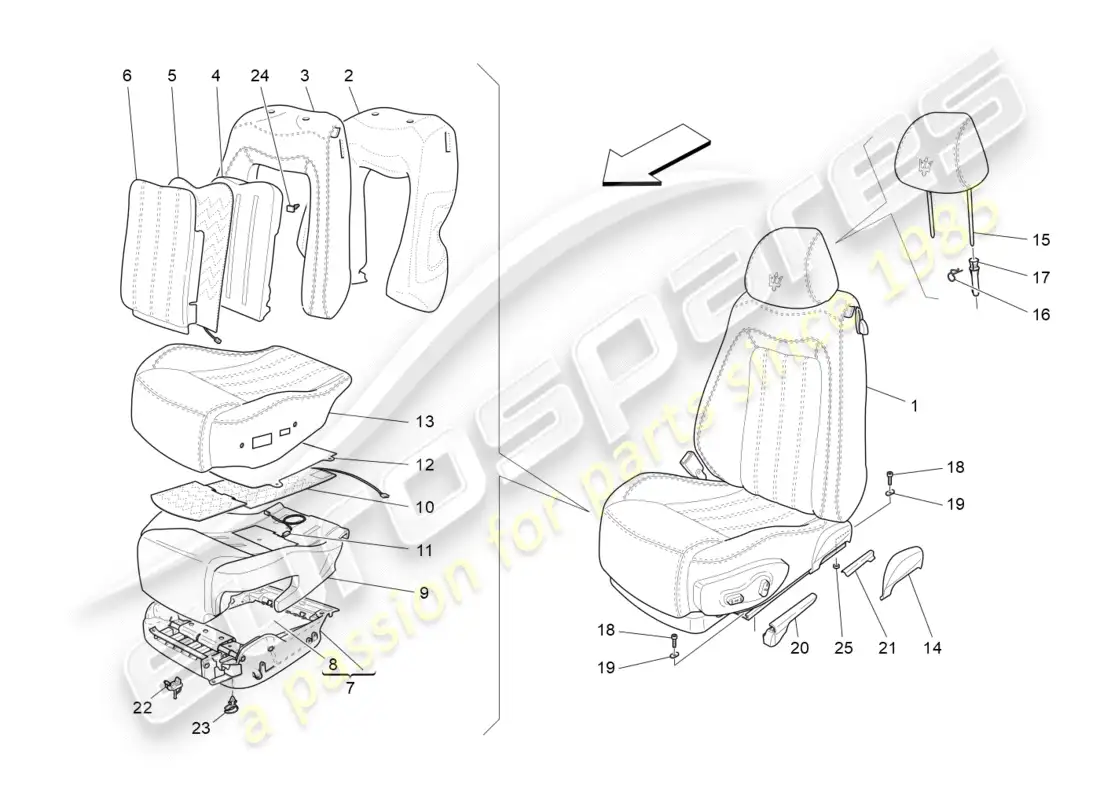 maserati granturismo (2012) front seats: trim panels parts diagram