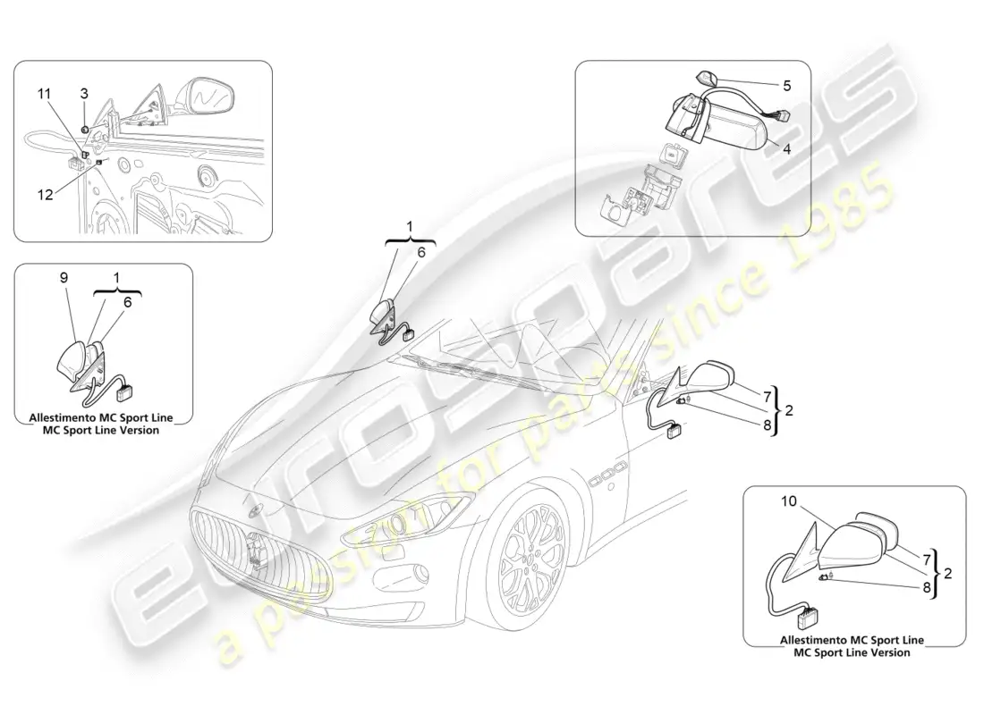 maserati granturismo (2012) internal and external rear-view mirrors parts diagram