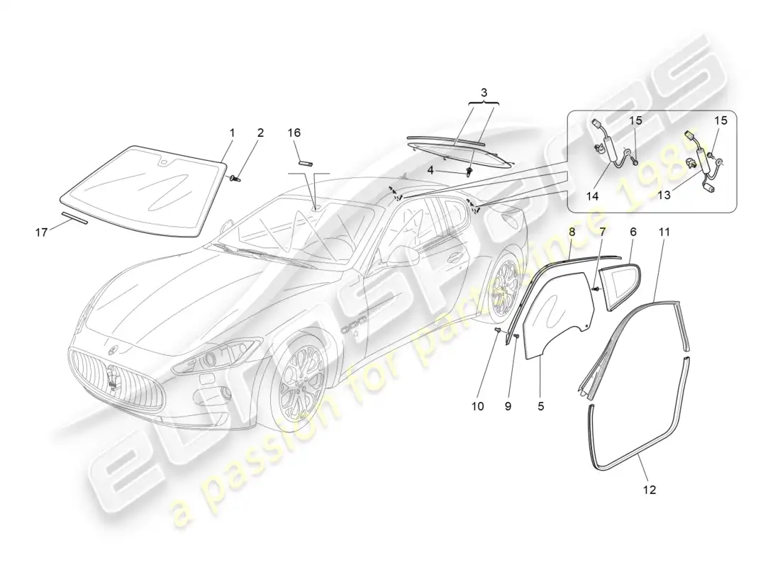 maserati granturismo (2012) windows and window strips parts diagram