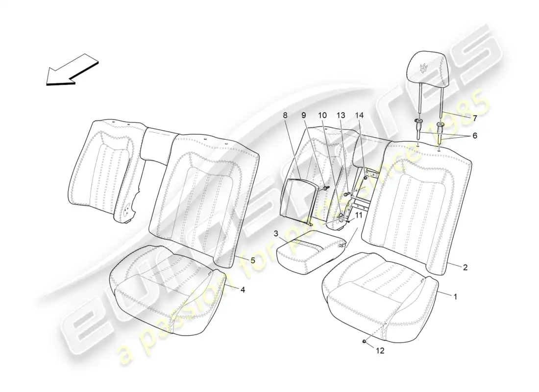 maserati granturismo (2009) rear seats: trim panels parts diagram