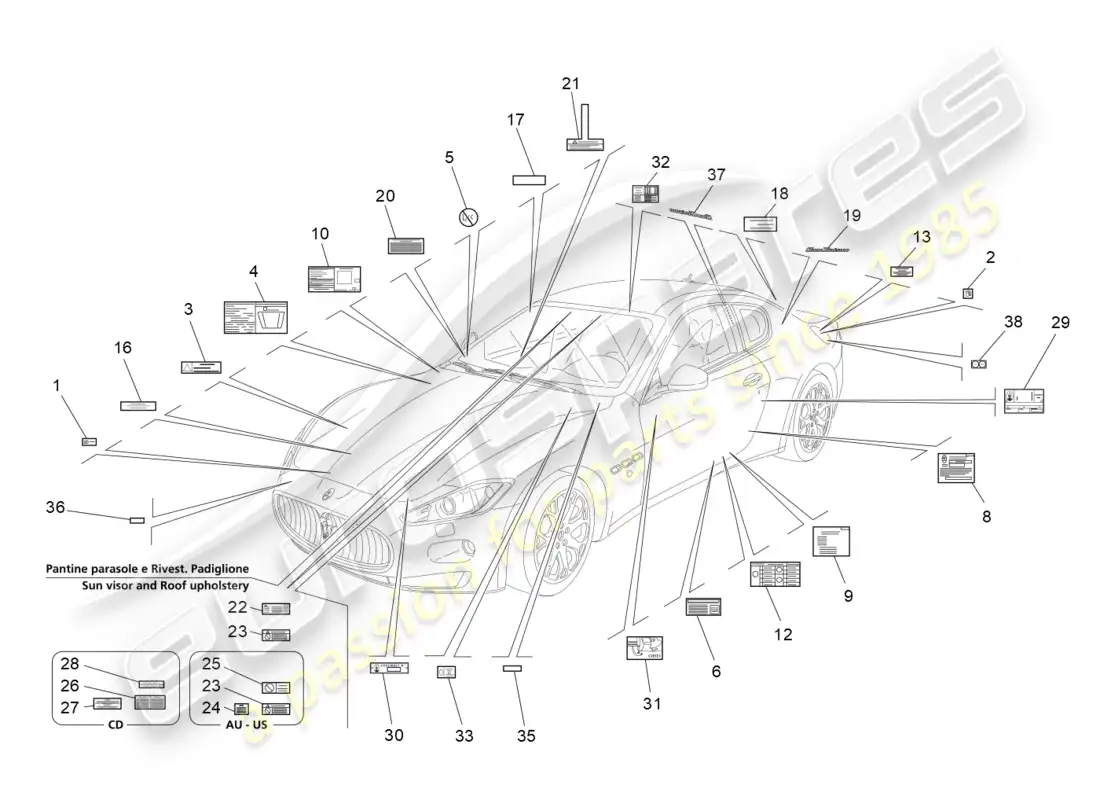 maserati granturismo (2011) stickers and labels parts diagram