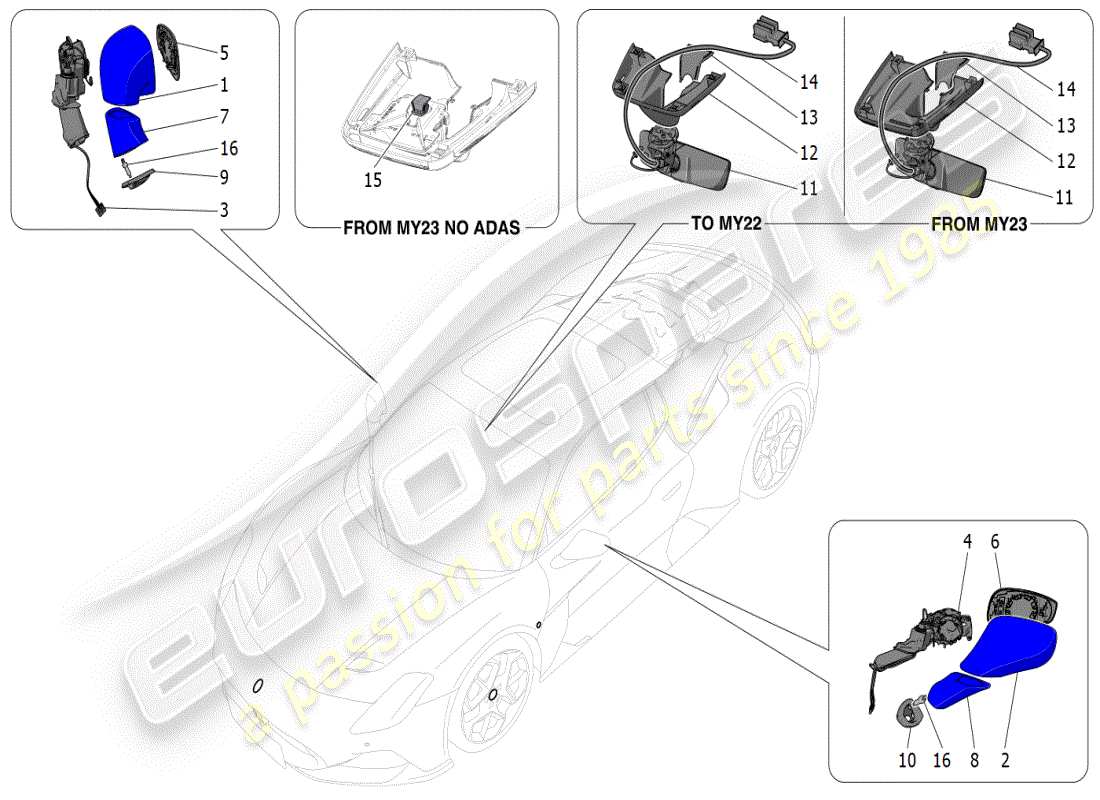 maserati mc20 (2024) internal and external rear-view mirrors parts diagram