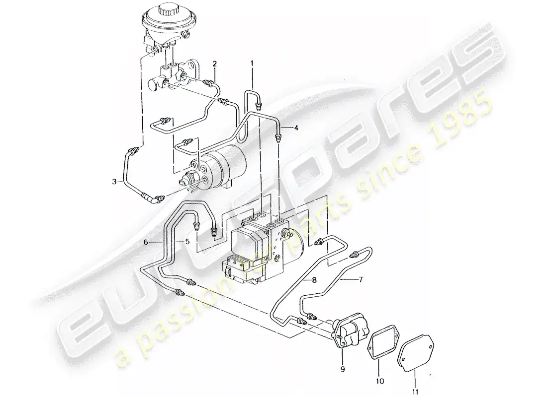 porsche 2005 (996 turbo / gt2) brake lines - front end parts diagram