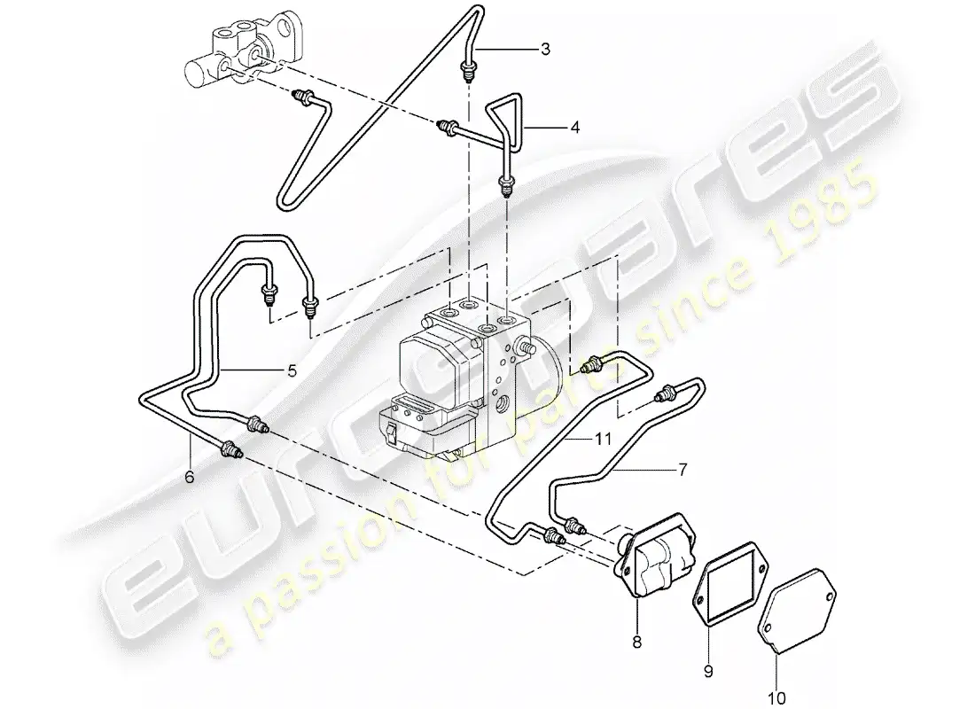 porsche 2005 (996 turbo / gt2) brake lines - front end parts diagram