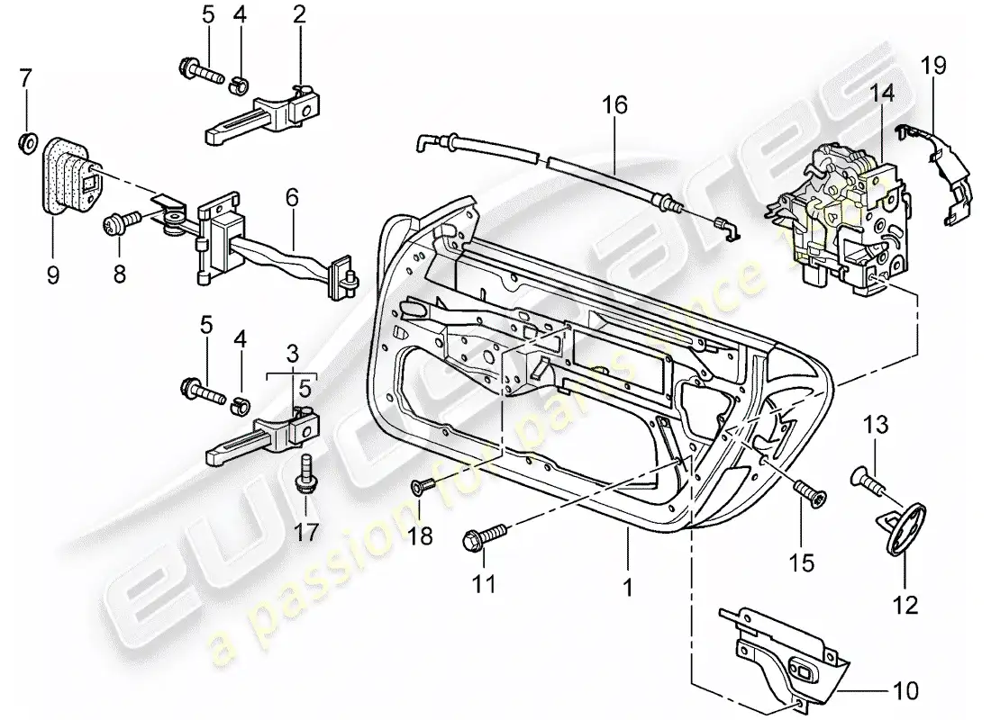 porsche 2005 (996 gt3) door shell - door latch parts diagram