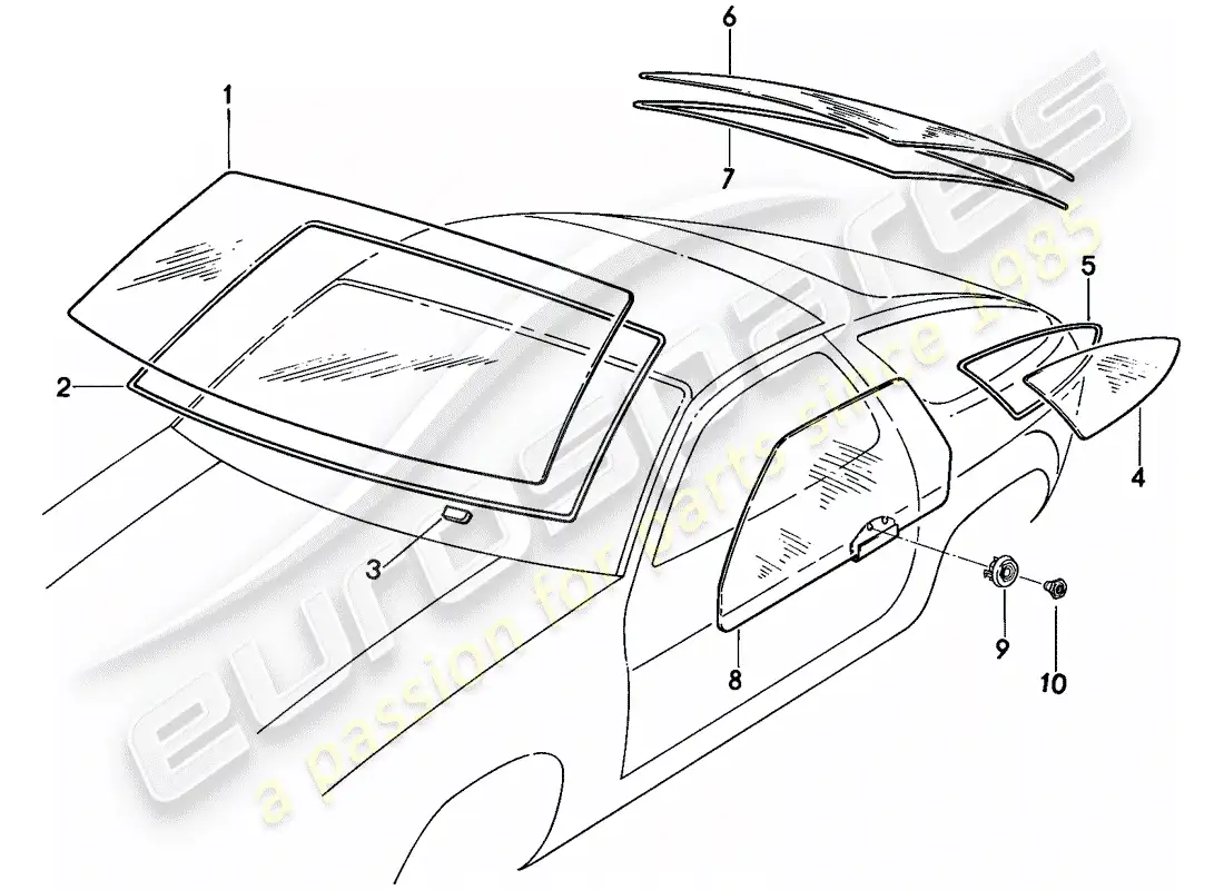 porsche 1984 (928) window glazing parts diagram