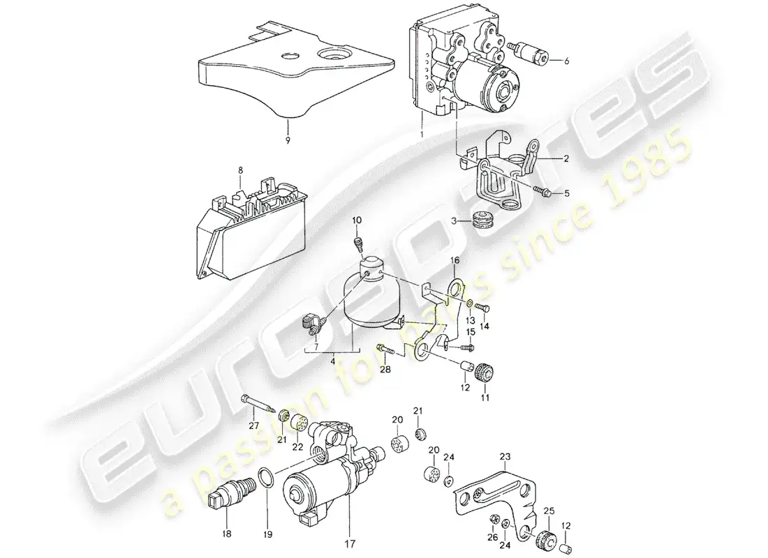 porsche 1998 (993) hydraulic unit - anti-locking brake syst. -abs- - control - see technical information - gr.4 nr3/94 parts diagram
