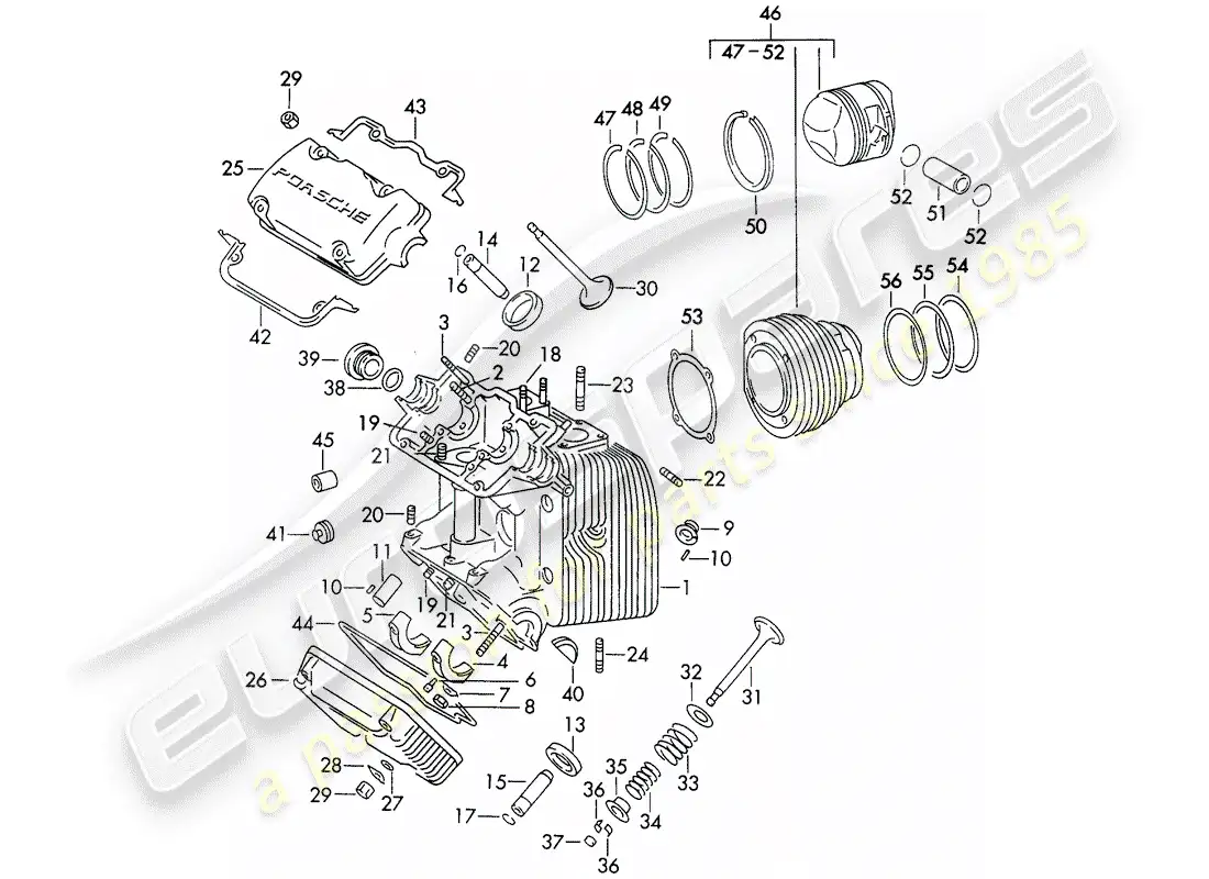 porsche 1961 (356b/356c) cylinder head - cylinder with pistons parts diagram