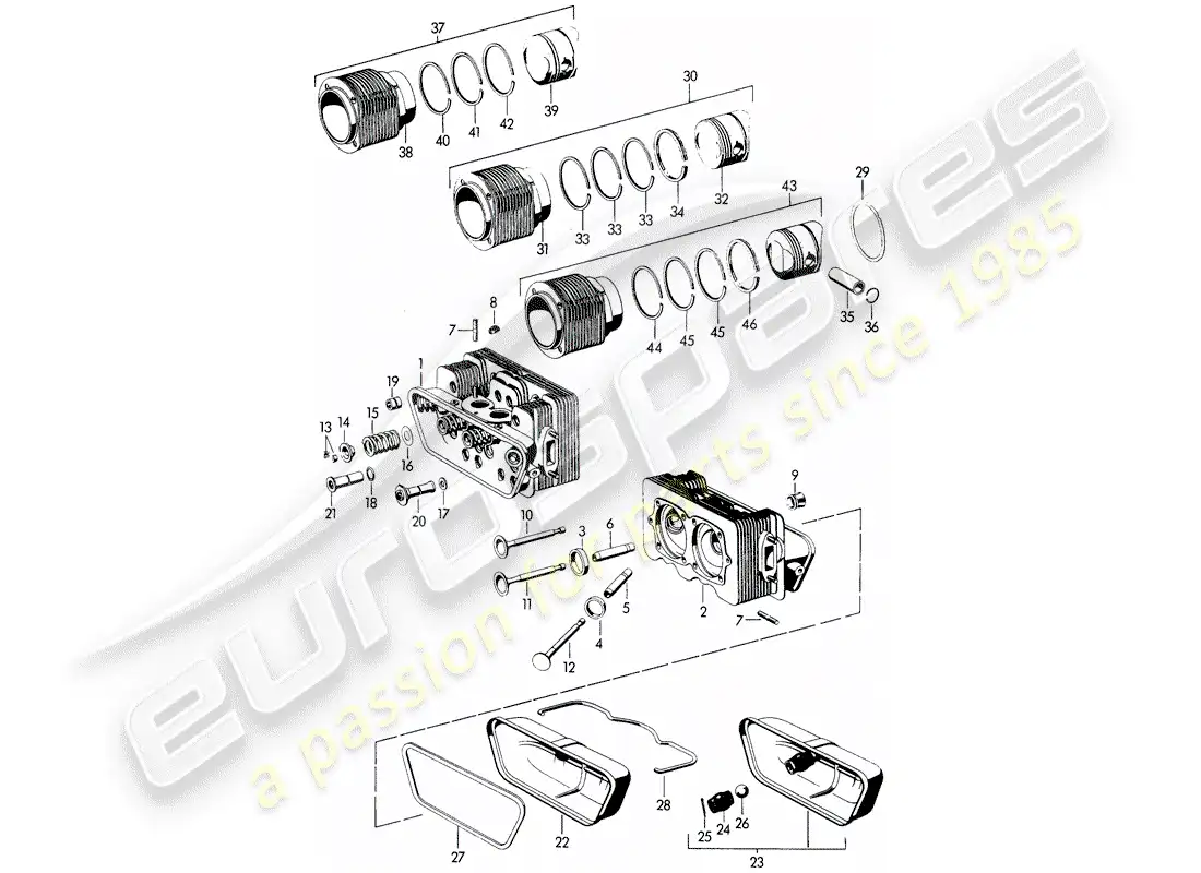porsche 1961 (356b/356c) cylinder head - cylinder with pistons parts diagram