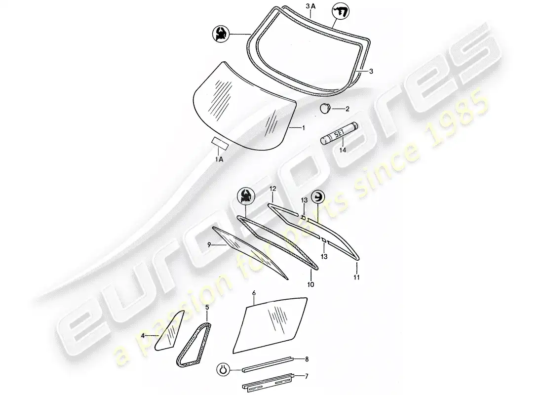 porsche 1988 (959) window glazing parts diagram