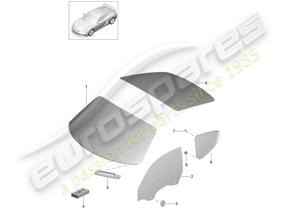 porsche 2016 (981 cayman gt4) window glazing part diagram