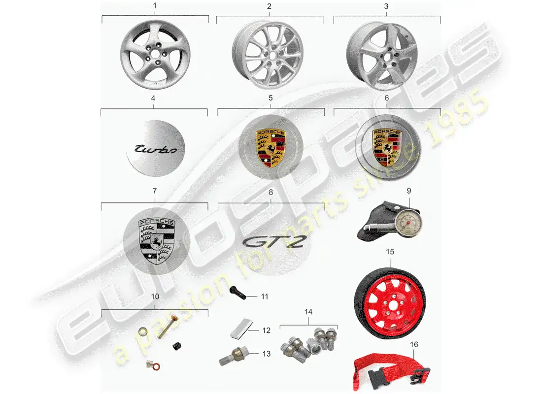 porsche 2001 (996 turbo / gt2) wheels parts diagram