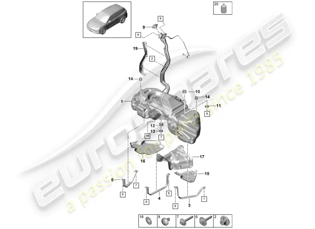 porsche 2019 (cayenne e3 9ya/9yb) fuel tank with parts diagram