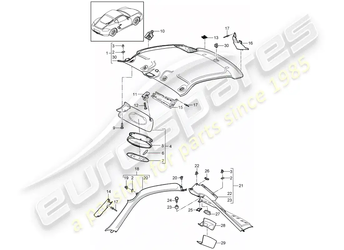 porsche 2007 (987 cayman) roof trim panel parts diagram