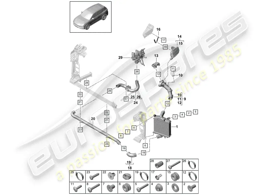 porsche 2020 (cayenne e3 9ya/9yb) charge air cooler part diagram