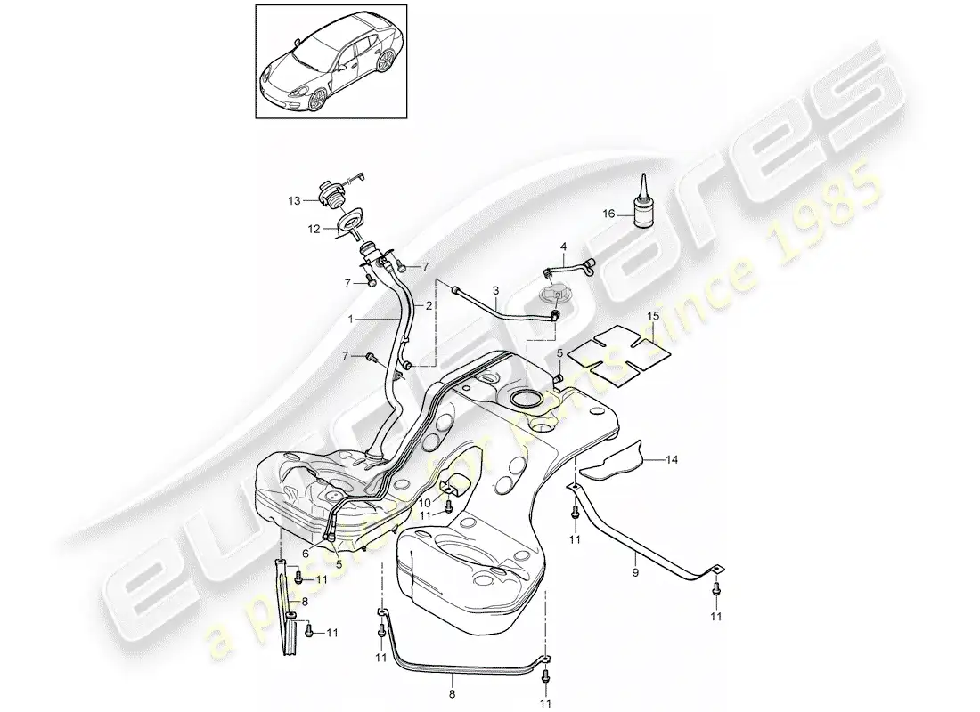 porsche 2011 (panamera 970) fuel tank with parts diagram