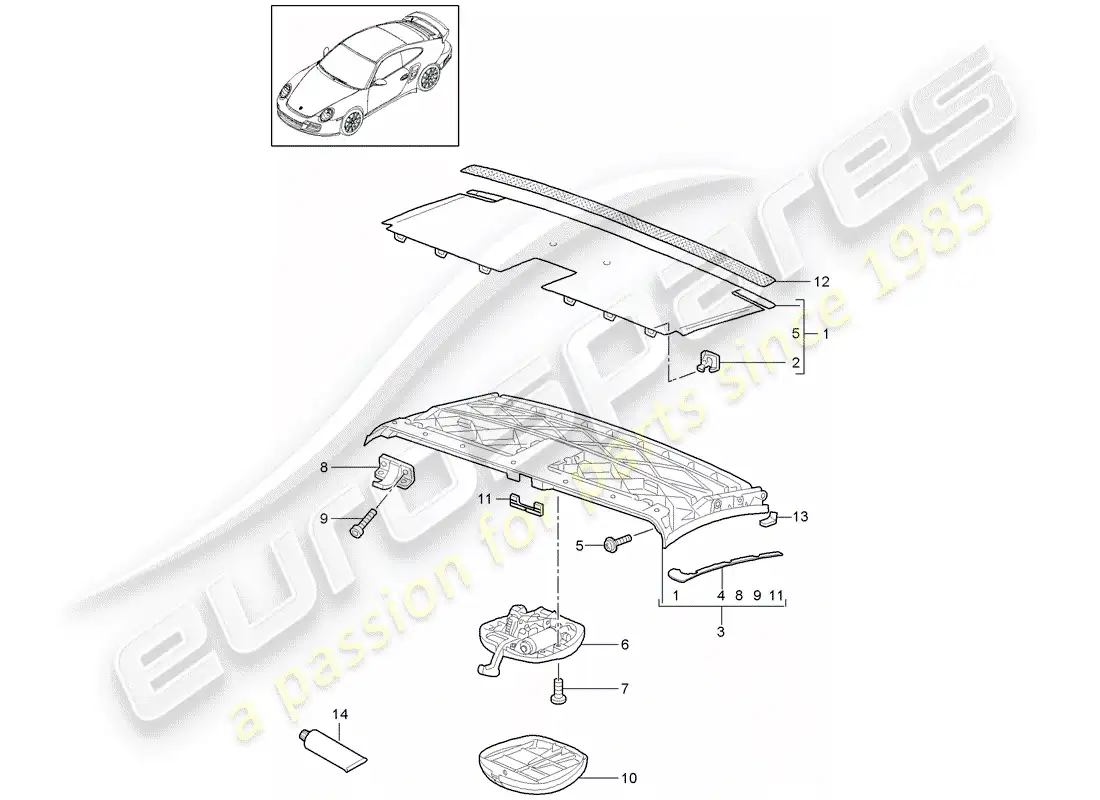 porsche 2011 (997-2 turbo / gt2 rs) top frame parts diagram