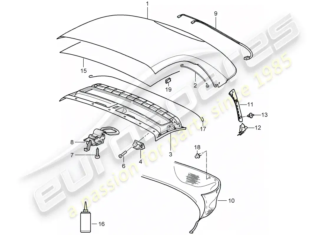 porsche 2005 (987 boxster) convertible top covering parts diagram